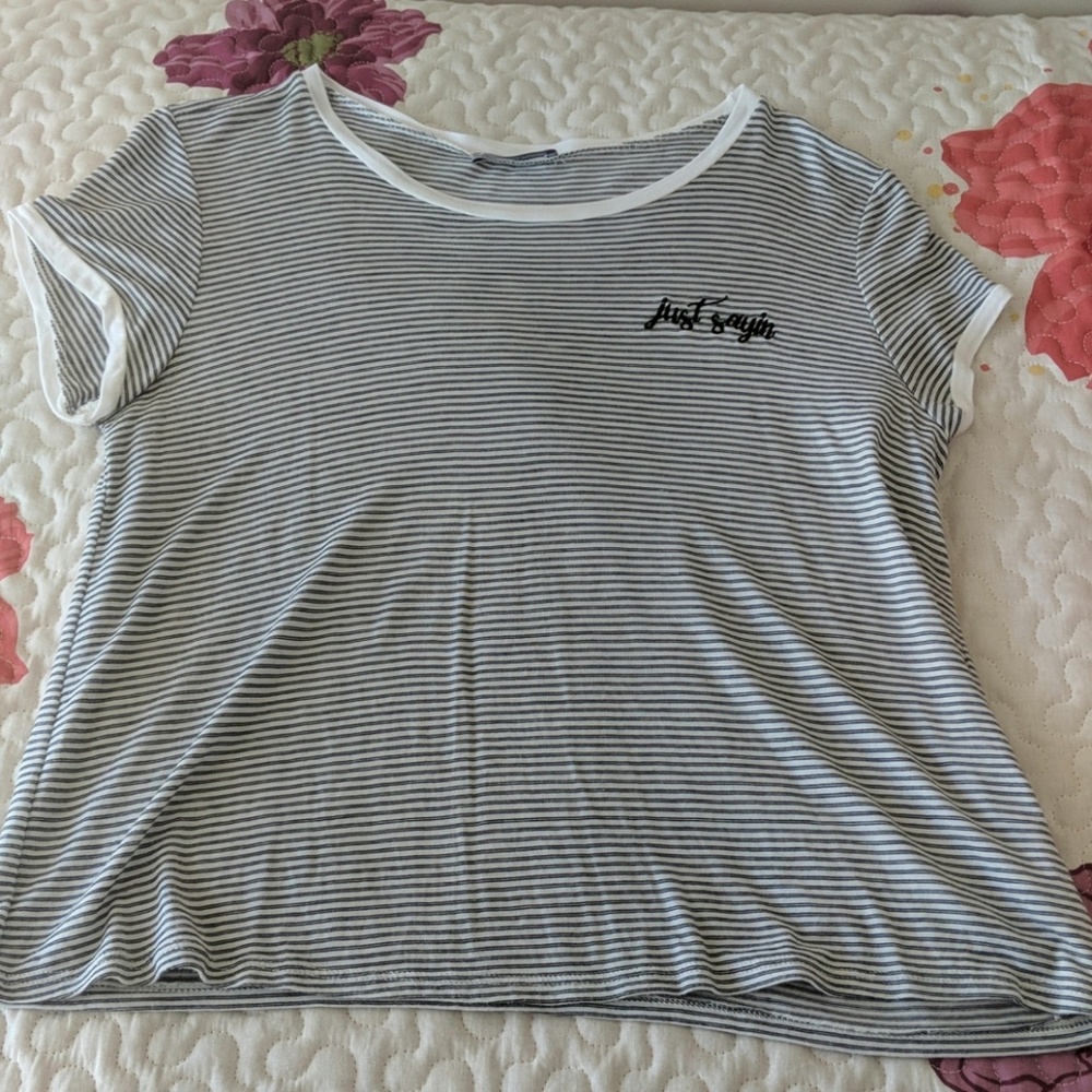 Striped "just saying" embroidered shirt